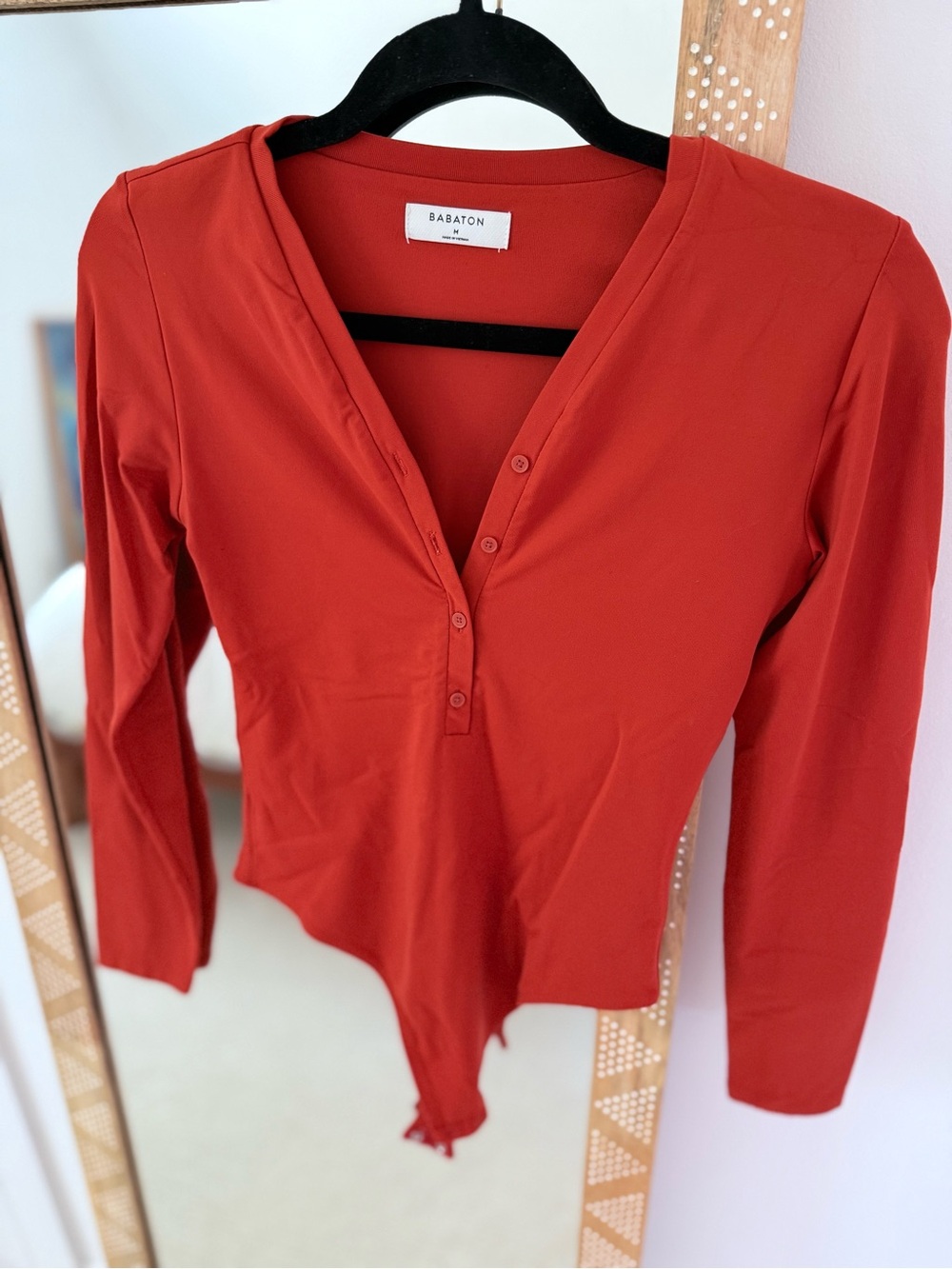 Aritzia Babaton Orange Rust Henley Long Sleeve Bodysuit M